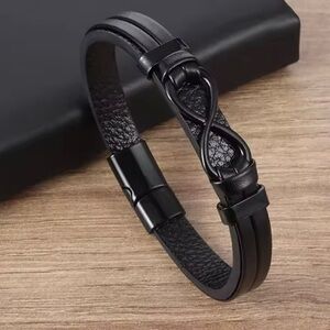 Men’s Boy Black Leather Wrap Infinity Symbol Bracelet
